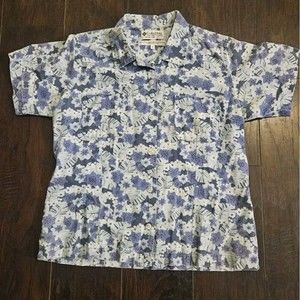 Columbia Men’s Medium Hawaiian Button Up Shirt Collared Blue Leaf Print